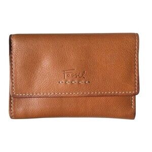 Fossil Tri Fold Wallet Popstitch Camel Pebbled Leather ID Card Holder 5.5 x 4"